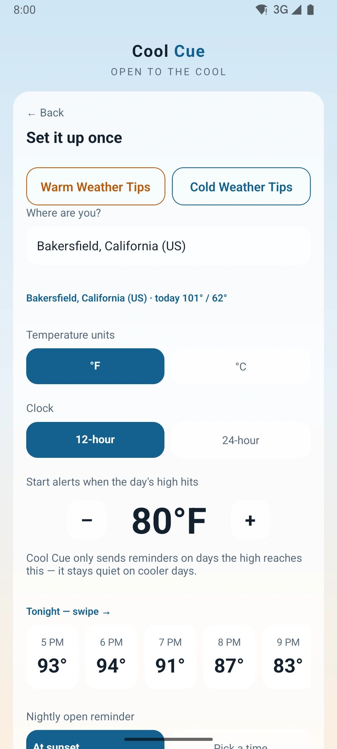 Cool Cue setup: your town, °F or °C, 12- or 24-hour clock, and the temperature that starts alerts.