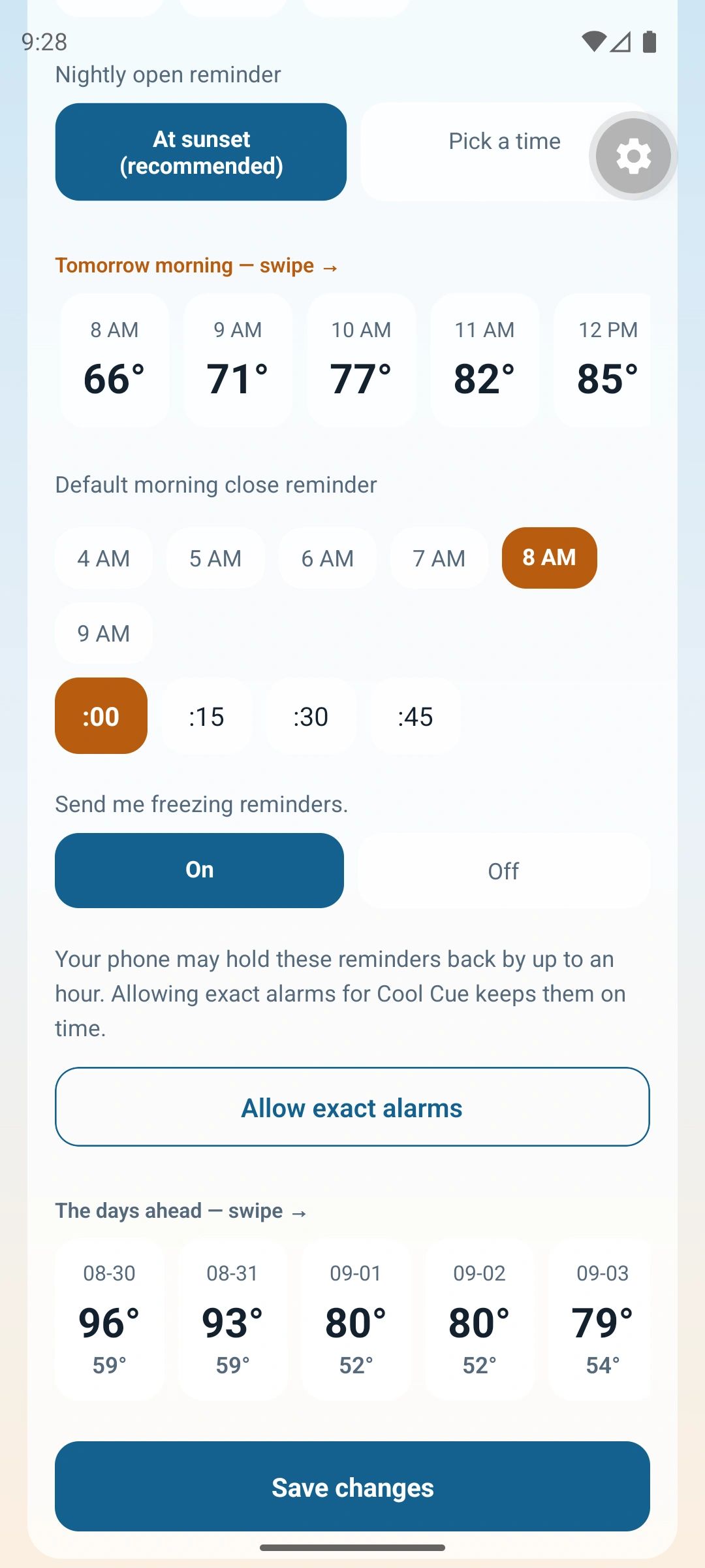 Cool Cue reminder times: open at sunset or a time you pick, and a default morning close time.