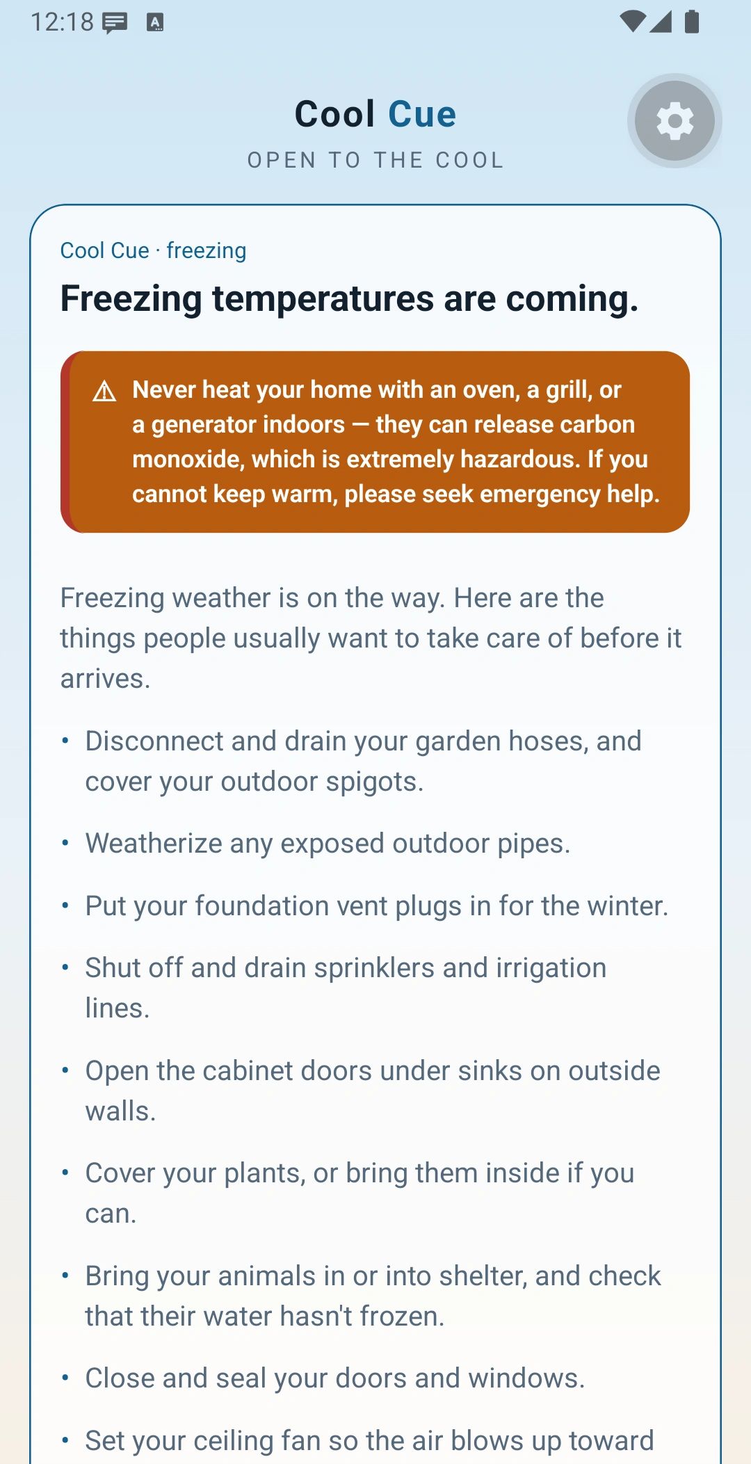Cool Cue's freezing-weather checklist: pipes, outdoor taps, pets and heating safety.
